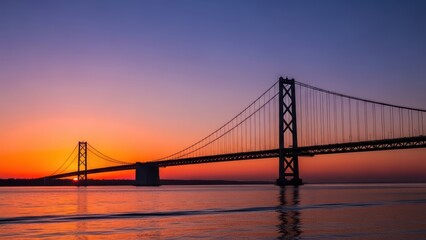 Obraz premium Sunset over tranquil bay with majestic suspension bridge silhouette