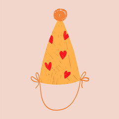 Hand-drawn birthday cone cap with fluffy pom-pom. Party celebration decorative element. Childish vector illustration