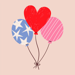 Hand-drawn bunch of birthday balloons with pencil hatching texture. Party celebration decorative element. Childish vector illustration