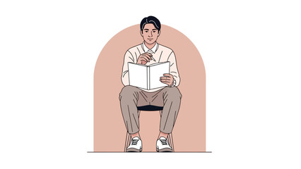 Young man sitting on a chair reading a book with a minimalist backdrop and casual attire