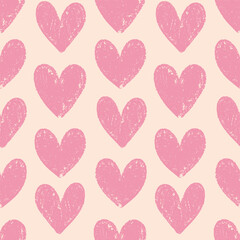 Seamless vector pattern with grunge pink heart stamps. Romantic girly background. Valentine's day crayon texture hearts for wrapping paper, walpaper design