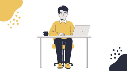 Young man working at a modern desk with a laptop in a minimalist space bright and cheerful