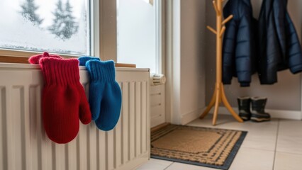 Cozy winter interior with red and blue mittens on heater by snowy window