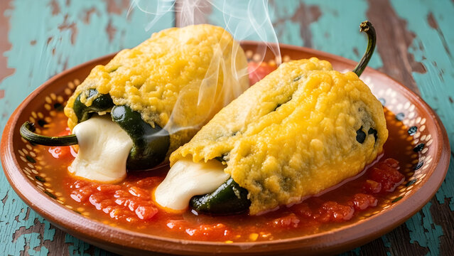 Delicious stuffed poblano peppers in spicy tomato sauce on plate