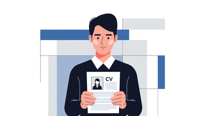 Professional young man holding a CV with bar chart in background showing job application success