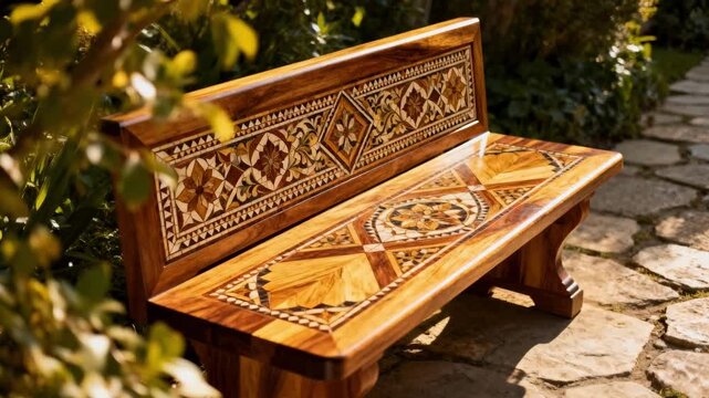 Medium shot capturing a decorative wooden bench adorned with elaborate inlay work emphasizing texture and ornate surface design in an outdoor setting.