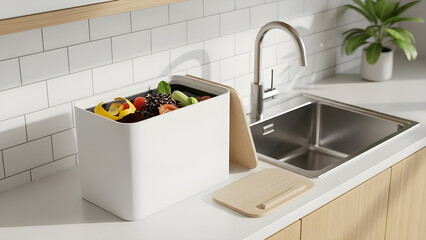 Modern kitchen countertop with compost bin and cutting board near sink