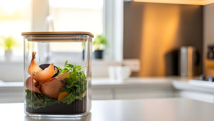 Glass jar with fresh vegetable scraps for composting on kitchen counter