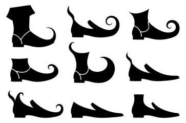 Christmas elf and witch shoes silhouettes vector set