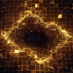 Jaringan grid emas dengan partikel berkilauan dan pusat gelap.