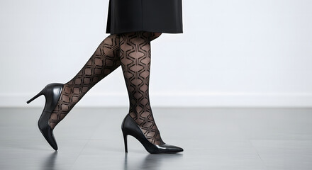 Woman walking in patterned sheer tights, black skirt, and high-h