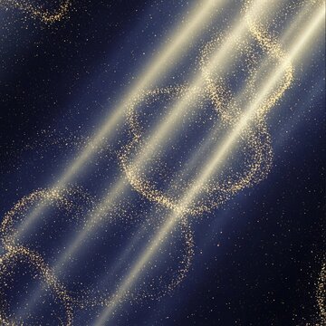 Jejak cahaya keemasan di latar belakang biru tua dengan partikel berkilauan.