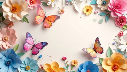 Pastel floral arrangement with paper flowers and butterflies, creating a vibrant frame