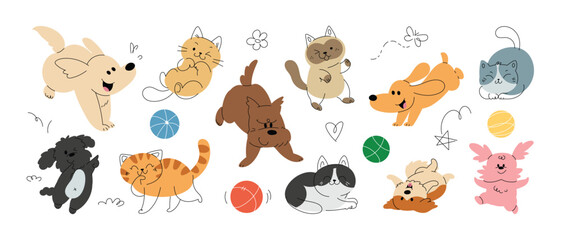Playful cat and dog with smiling, running and jumping. Set of flat doodle cartoon vector illustration.