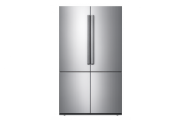 Modern stainless steel refrigerator with french doors and bottom freezer cooling food and drinks on transparent background