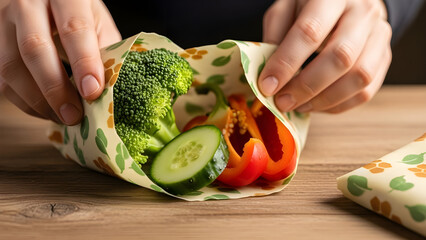 Hands wrapping colorful vegetables in reusable beeswax food wrap on wooden table