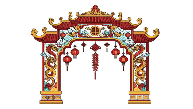 Chinese archway with red lanterns traditional gate oriental entrance.