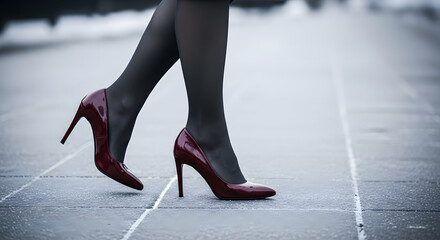 Woman wearing charcoal pantyhose and dark red patent leather hig