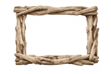 Driftwood frame creating a rustic natural border, showing weathered timber texture, isolated on transparent background