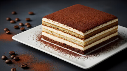 Delicious tiramisu dessert on white plate with coffee beans