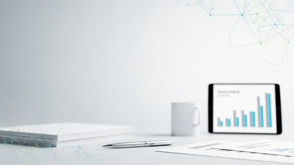 Modern office desk with digital tablet displaying business analytics and documents, clean workspace