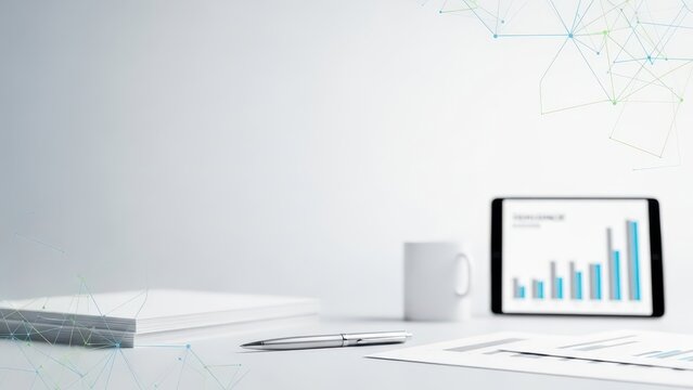 Modern office desk with digital tablet displaying business analytics and documents, clean workspace - Powered by Adobe