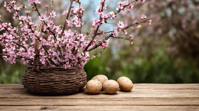 Spring still life with pink blossoming branches in a wicker basket and speckled Easter eggs on a rustic wooden table with a blurred garden background