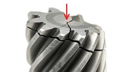 Broken metal tool cutter with radial cracks and red arrow indicating damage.