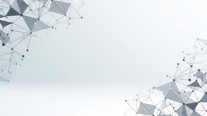 Abstract technology background with geometric network connections and polygonal shapes on a light grey backdrop