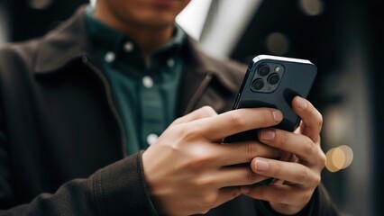 Close-up of a person's hands holding and operating a modern smartphone with a dark case, wearing a jacket and shirt, against a blurred background.