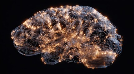 abstract brain made of glowing fiber optic lines isolated on white background