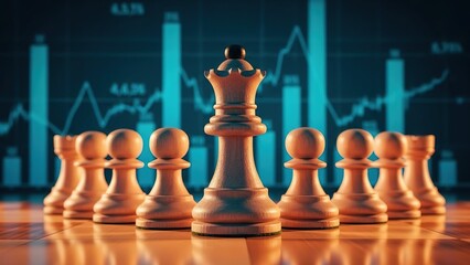 Chess queen leading pawns with financial charts in background, symbolizing strategic business planning and market leadership and growth.