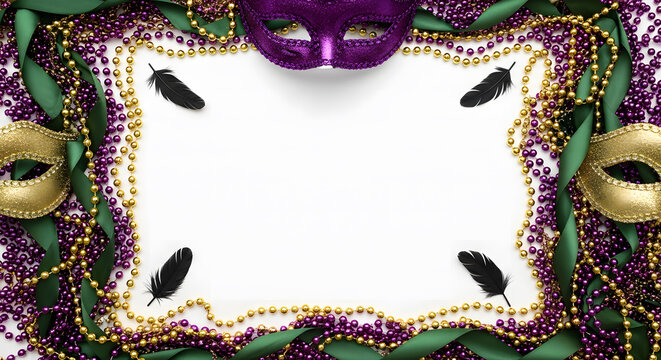 Flat lay border of purple and gold Mardi Gras beads, green ribbo