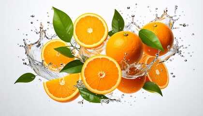 Vibrant oranges bursting with water droplets and green leaves on a bright background