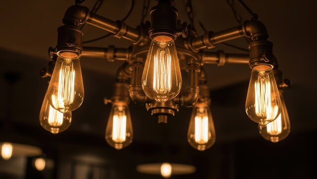 Vintage industrial chandelier with exposed edison bulbs in warm ambient lighting - Powered by Adobe
