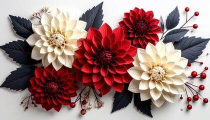 Close-up of vibrant red & cream dahlias, surrounded by dark leaves & berries