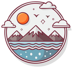 Fototapeta premium Stylized mountain landscape with a sun and lake in a circular vector travel emblem