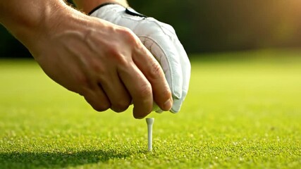 Golfer preparing to hit golf ball by placing it on a white tee on green grass during daytime