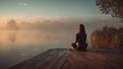 Woman meditating on wooden dock at foggy lake sunrise
