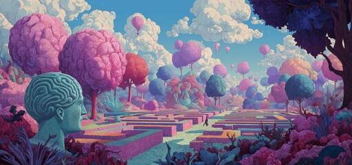 Surreal Brain in Pastel Balloon Garden, Dreamy Cognitive Landscape