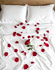 A flat lay of red rose petals scattered across a bed with white linen sheets and pillows.