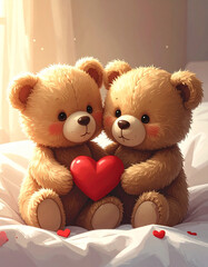 Two cute teddy bears are sitting together on a bed holding a small red heart cushion.