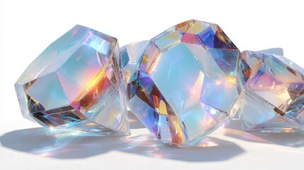 abstract crystal glass shapes with light reflections isolated on white background
