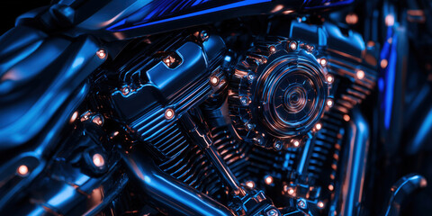 Fototapeta premium Chrome motorcycle engine glowing with blue and orange neon light