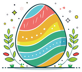 Festive colorful decorated Easter egg with vibrant stripes and plants conveys spring holiday joy and celebration