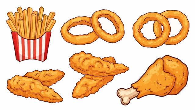 A vibrant cartoon illustration featuring a collection of popular fried fast food items including french fries, onion rings, chicken tenders, and a drumstick.