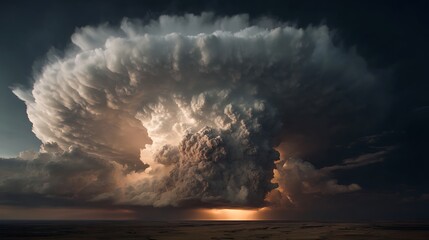 Massive Cumulonimbus Incus Supercell Storm Cloud over Horizon at Sunset 