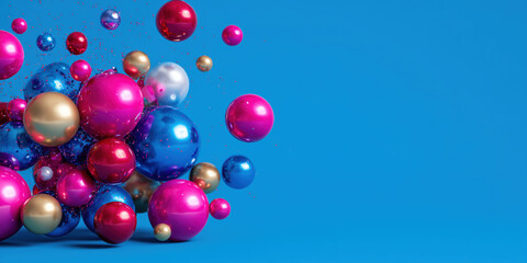 Shiny colorful spheres floating on blue background