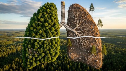 Healthy lung with lush forest contrasted with polluted lung and barren landscape
