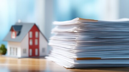 Stack of documents next to a house model on a wooden desk, representing real estate paperwork